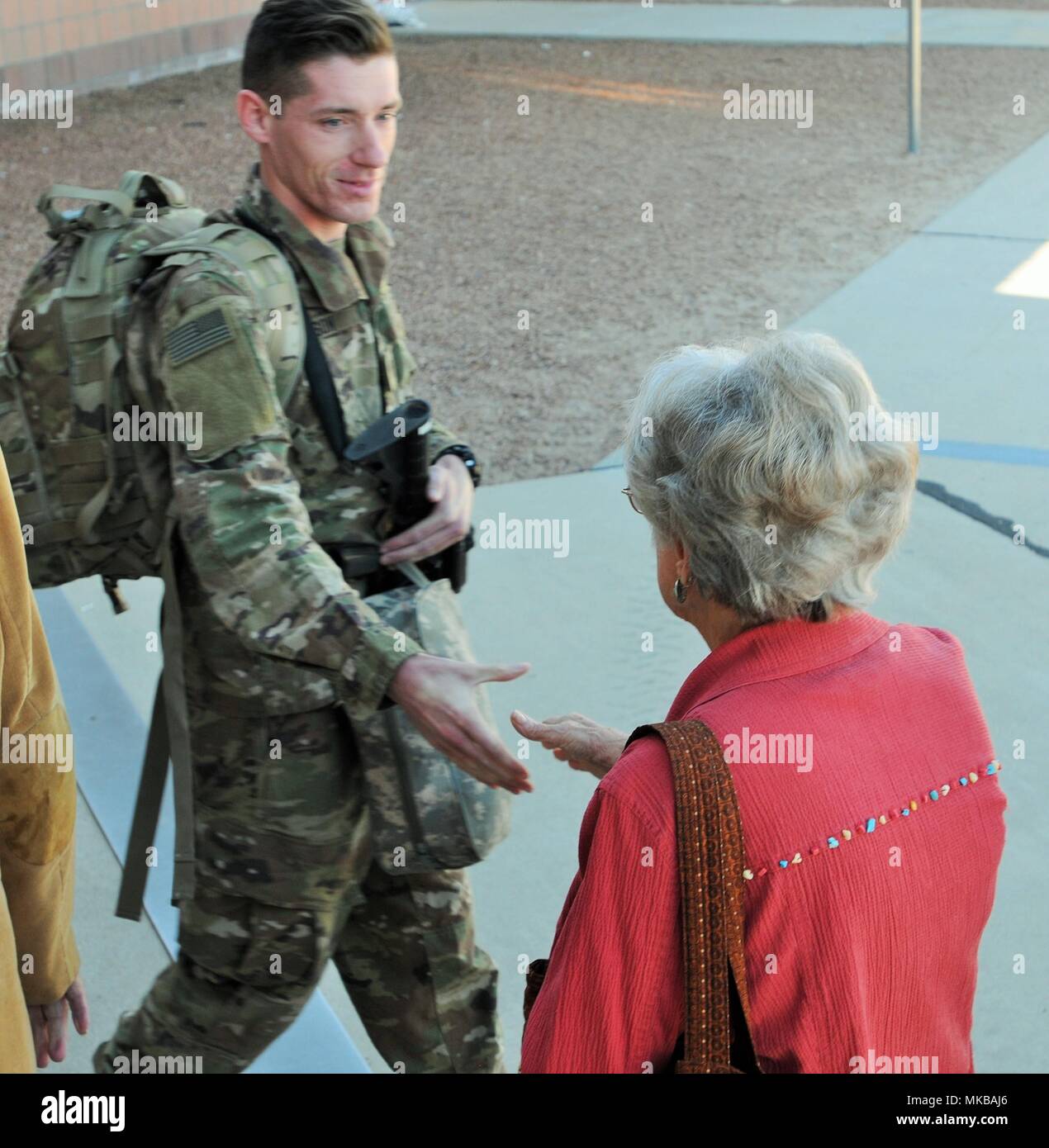 Deploying farewell soldier handshake support military hires stock