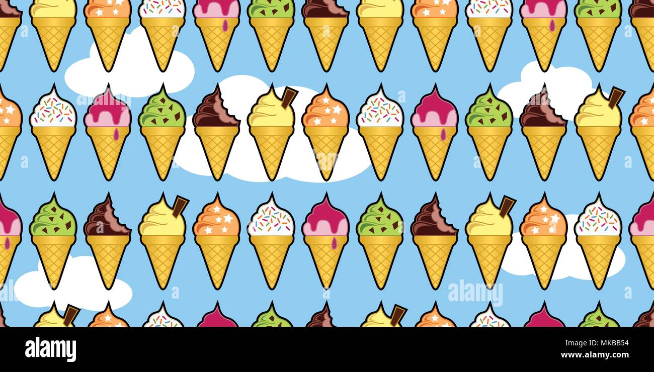 Seamless background pattern of ice cream cones on a bright blue sky Stock Vector