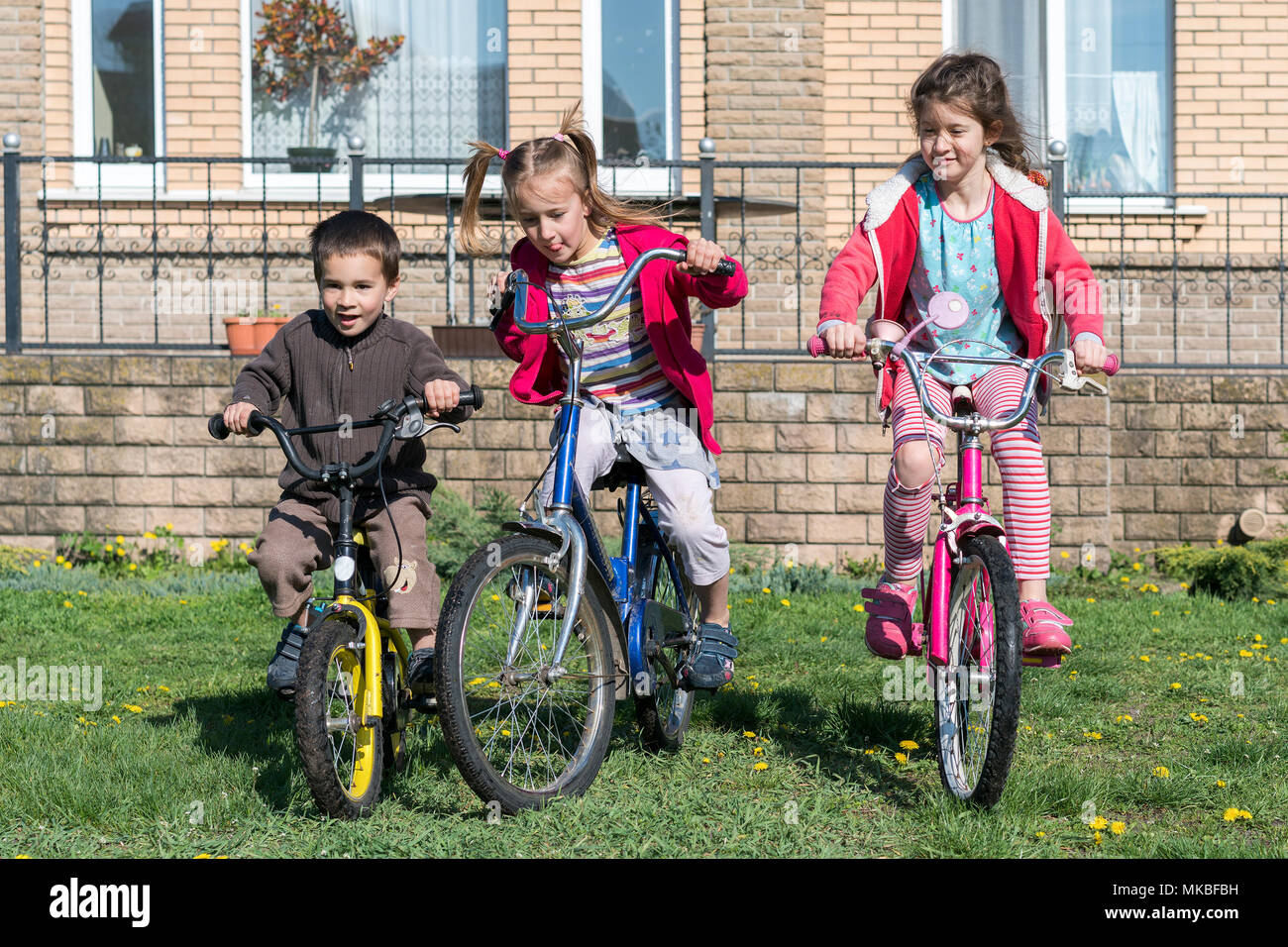 Three children on bicycles. Portrait of three little cyclists riding ...