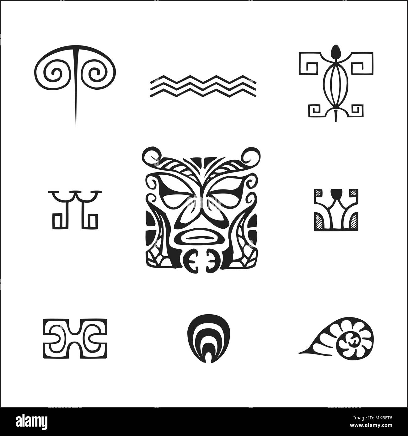 vector black monochrome ink hand drawn native polynesian folk art symbols Tiki, sea waves, turtle, Enata, Papua, Ipu, sea shell illustrations isolated Stock Vector