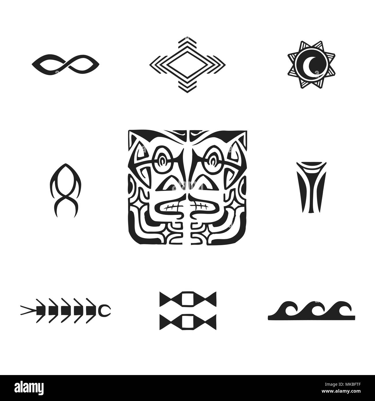 vector black monochrome ink hand drawn native polynesian folk art symbols Tiki, birds net, sun, fish, bird, centipede, tuna, sea waves illustrations i Stock Vector