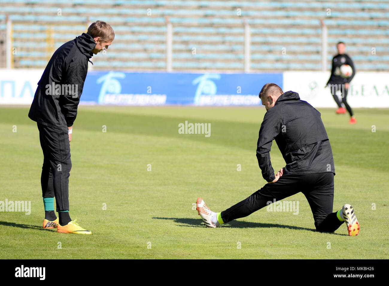 MINSK, BELARUS - MAY 6, 2018: Soccer players trainingl before the Belarusian Premier League football match between FC Dynamo Minsk and FC Shakhtar at the Traktor Stadium Stock Photo