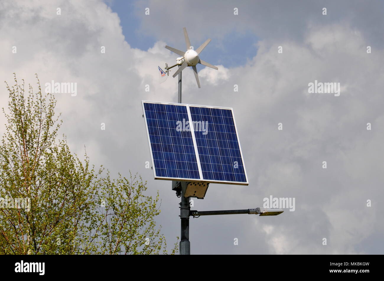 Electric power in the mountains, turbine, wind, photovoltaics, electricity, energy, ecology Stock Photo