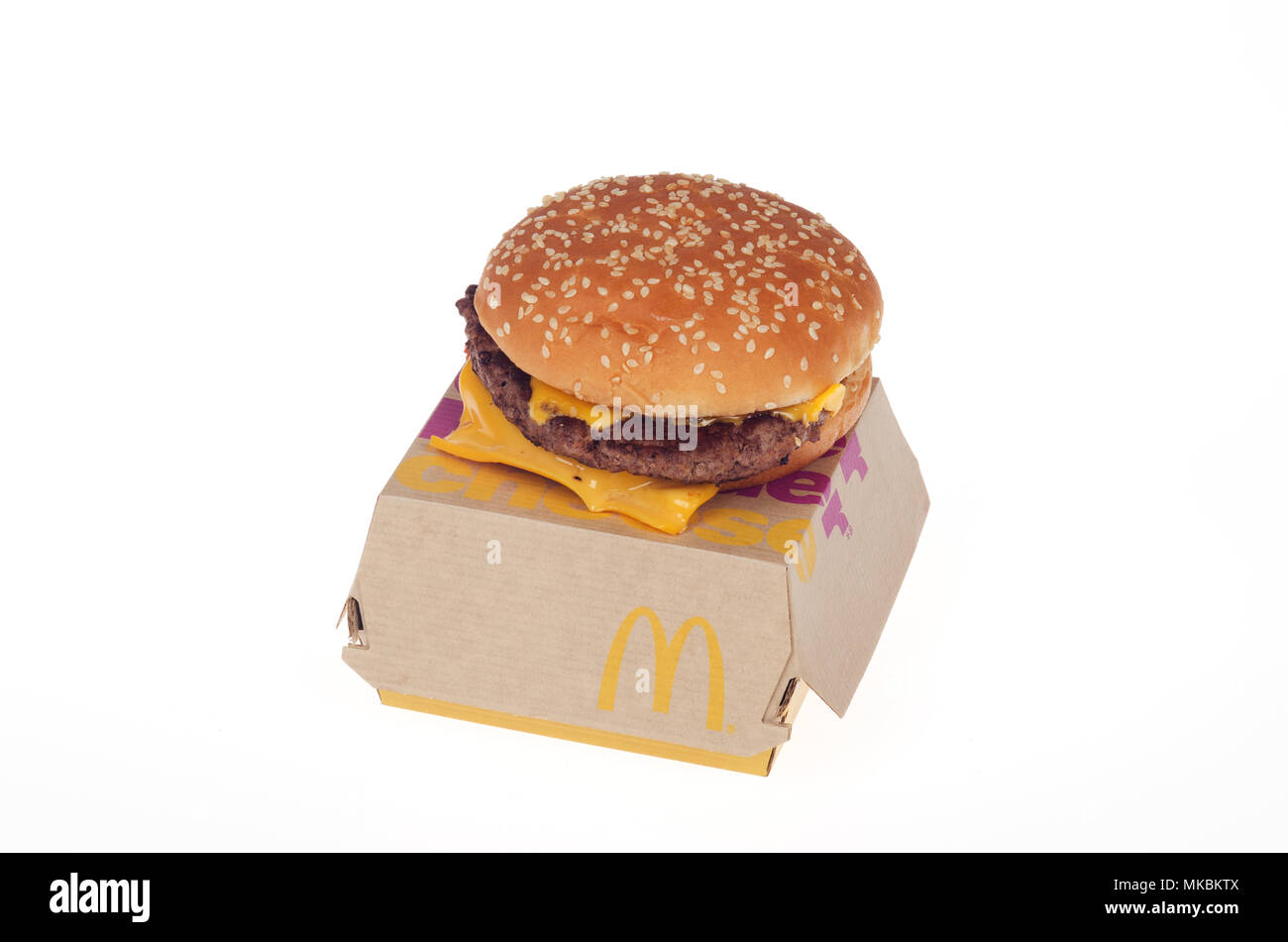 McDonald’s new fresh beef cooked when ordered quater pounder with cheese. The never frozen burger just rolled out nationally in USA in May 2018. Stock Photo