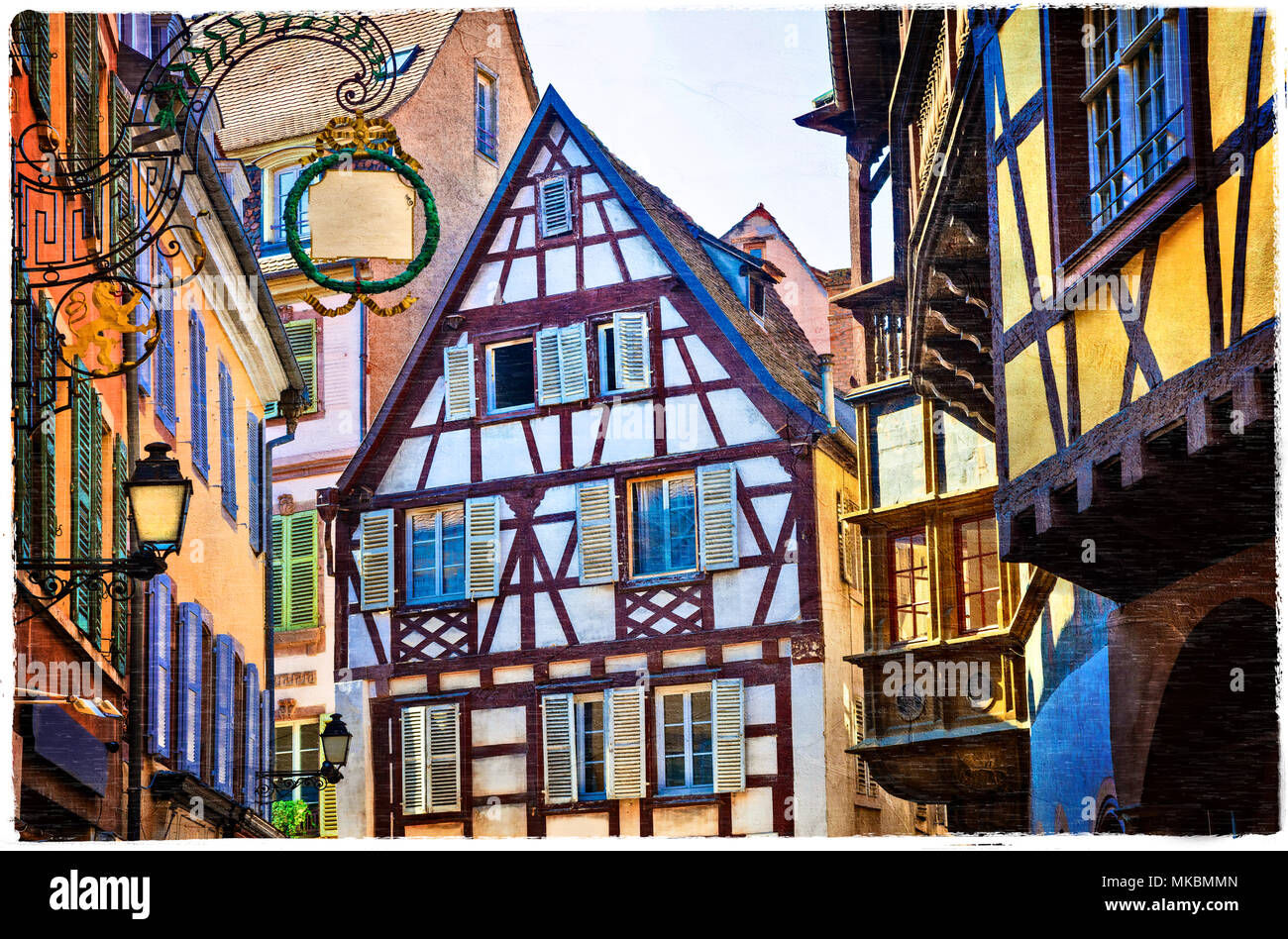 Traditional half timbered in Strasbourg,view with colorful houses,Alsace,France. Stock Photo