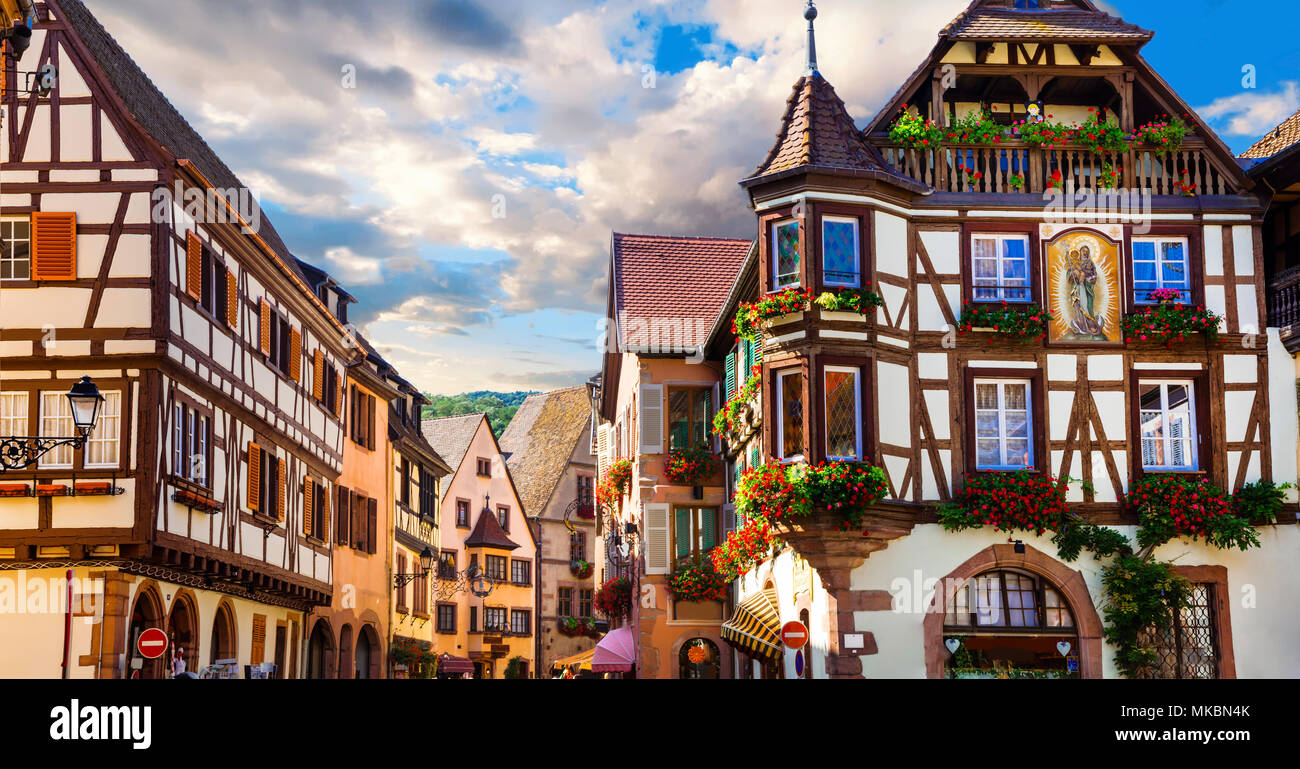 Colorful traditional houses in Riquewihr village,Alsace,France. Stock Photo