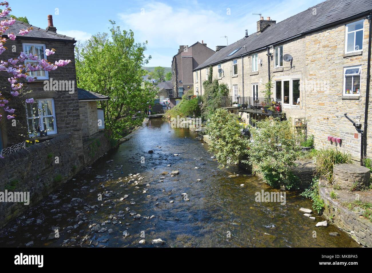 The River Sett flowing through Hayfield,  Derbyshire Stock Photo