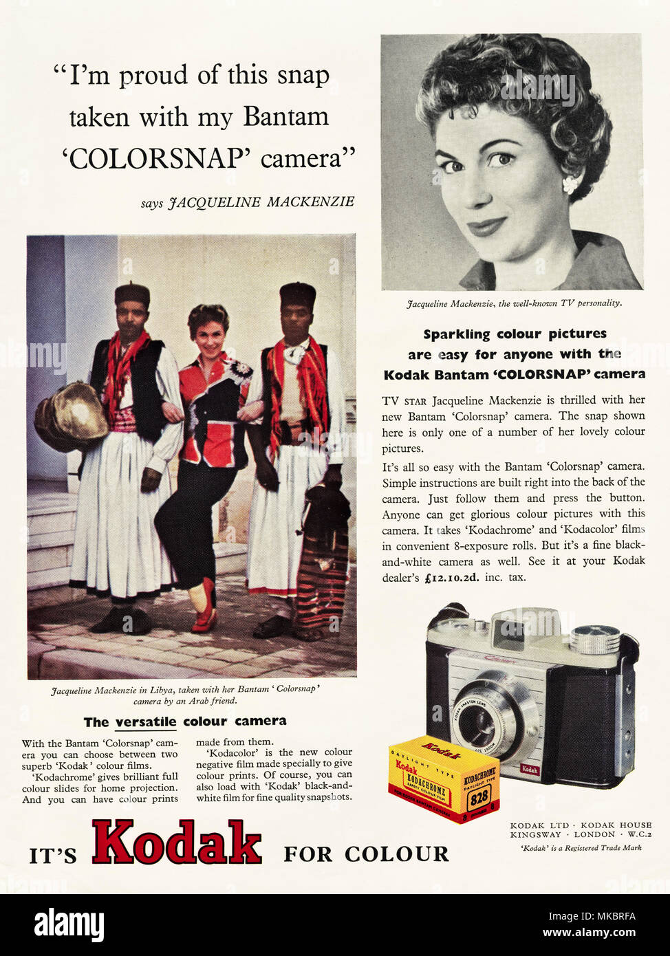 1950s vintage original advertisement advertising Kodak Kodachrome & Kodacolor film and Bantam Colorsnap camera featuring TV personality Jacqueline Mackenzie in English magazine circa 1958 Stock Photo