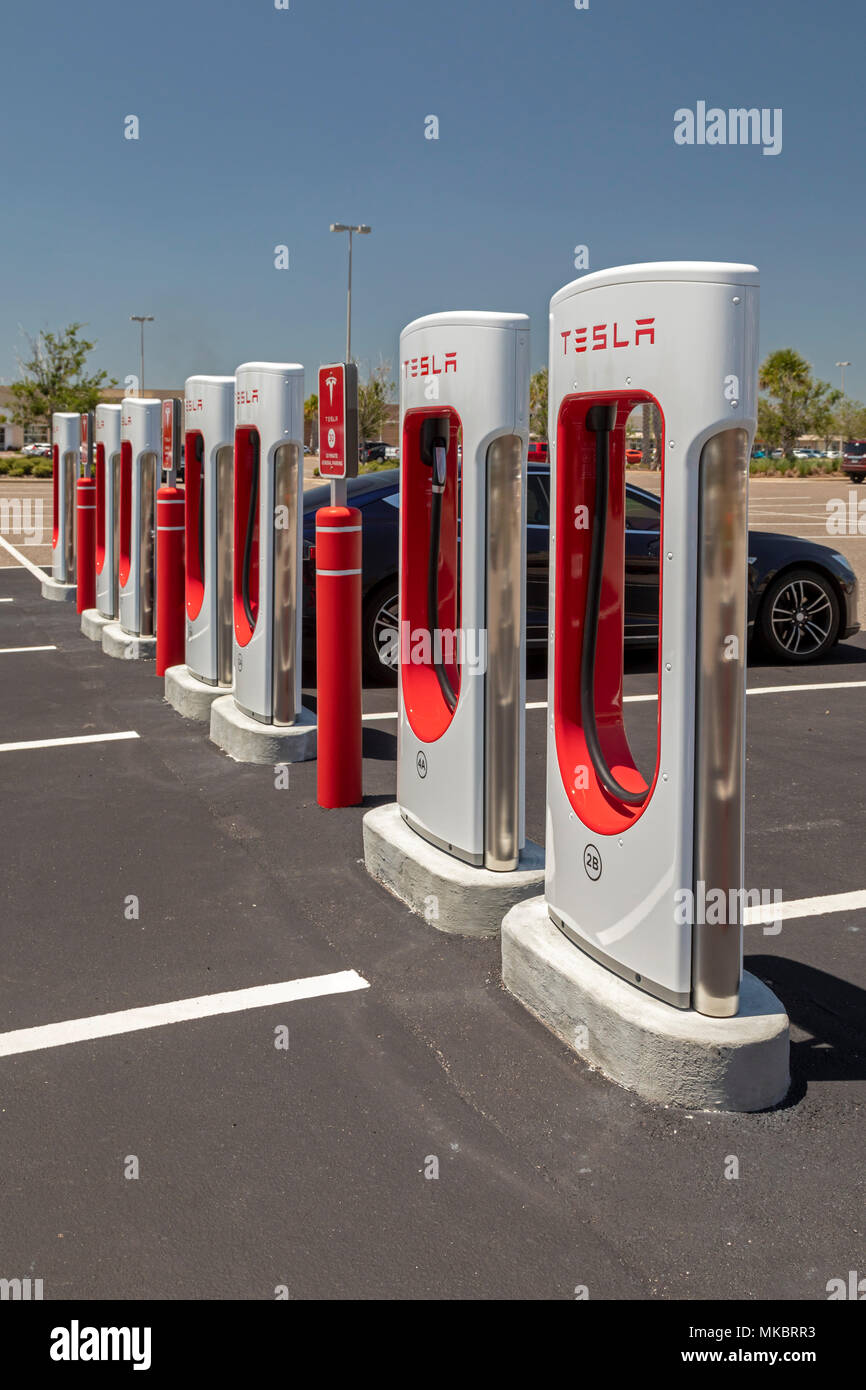 West Melbourne, Florida - Tesla electric car Supercharger station. Stock Photo