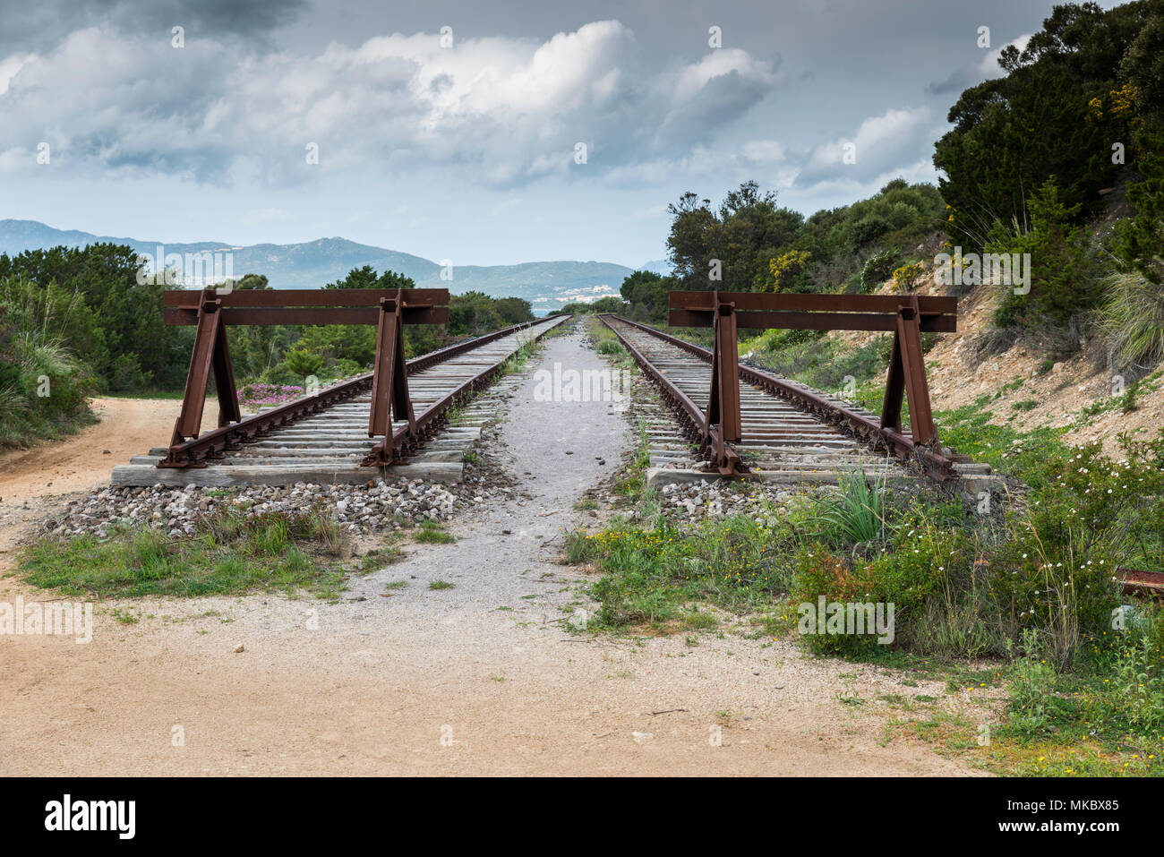 buffer at the end of the railroad from olbia to golfo aranchi Stock Photo