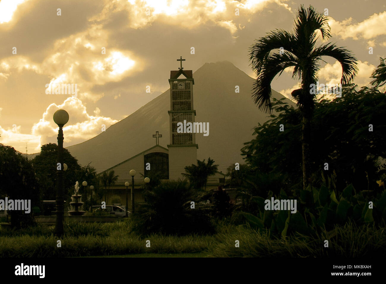 View of the La Fortuna Church and Arenal Volcano in La Fortuna, Costa Rica Stock Photo
