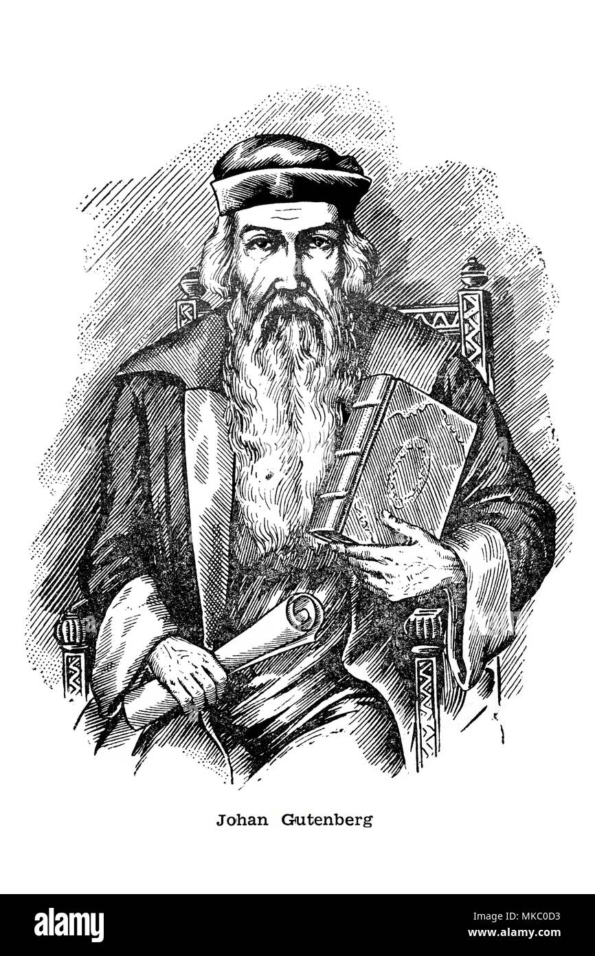 Antique engraving of a portrait of Johannes Gutenberg. German goldsmith and printer,  printign inventor Stock Photo