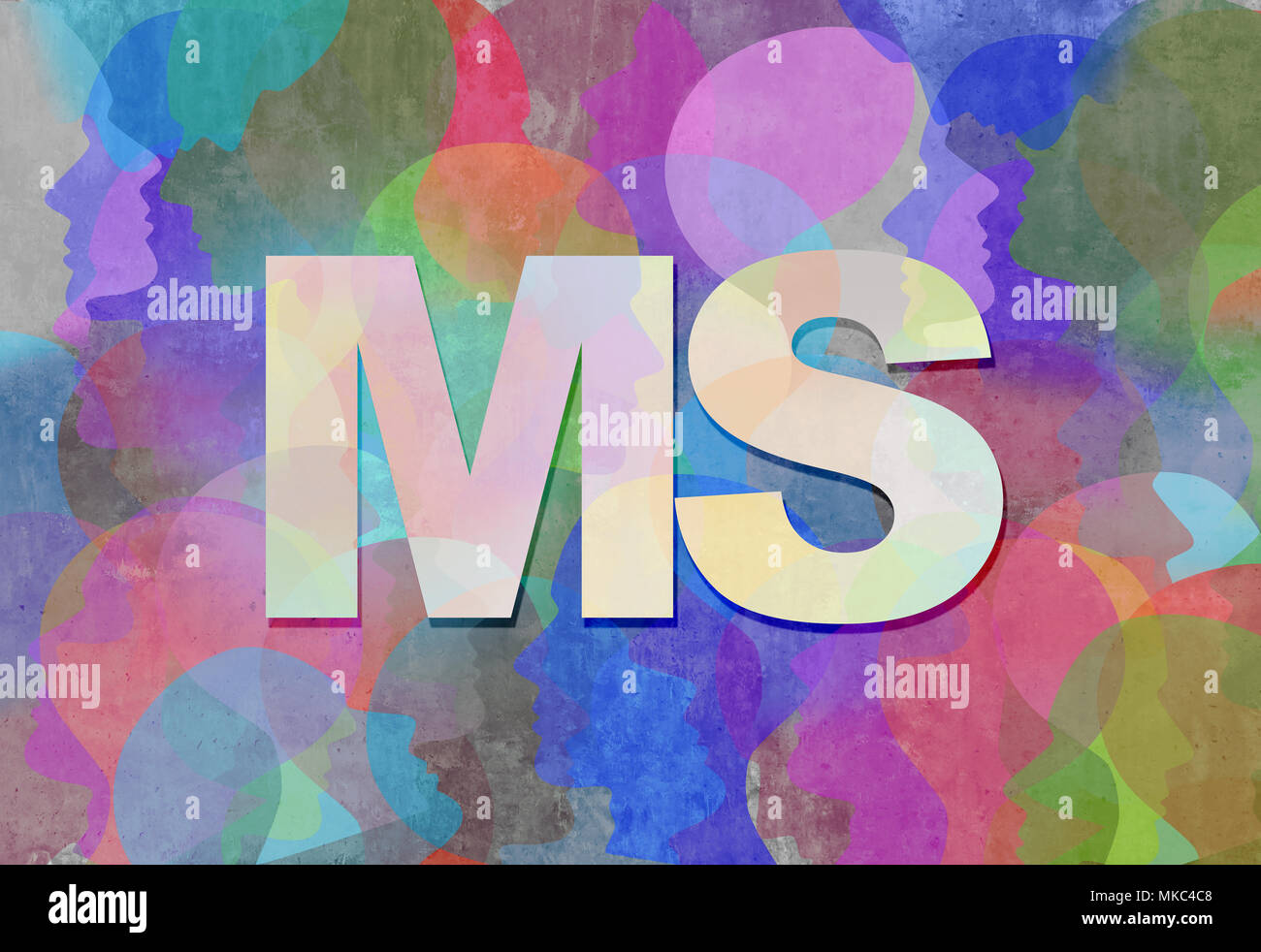 Multiple Sclerosis MS as a neurological disorder abstract symbol as text with people representing the patients of this nervous system disease. Stock Photo