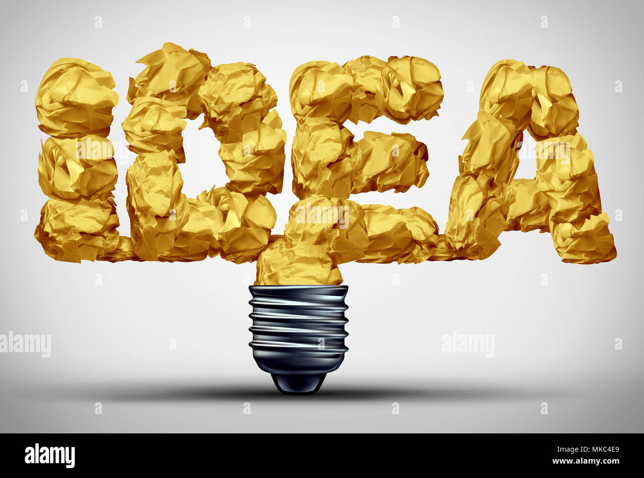 Concept of inspiration and idea motivation as crumpled paper shaped as text with 3D illustration elements. Stock Photo