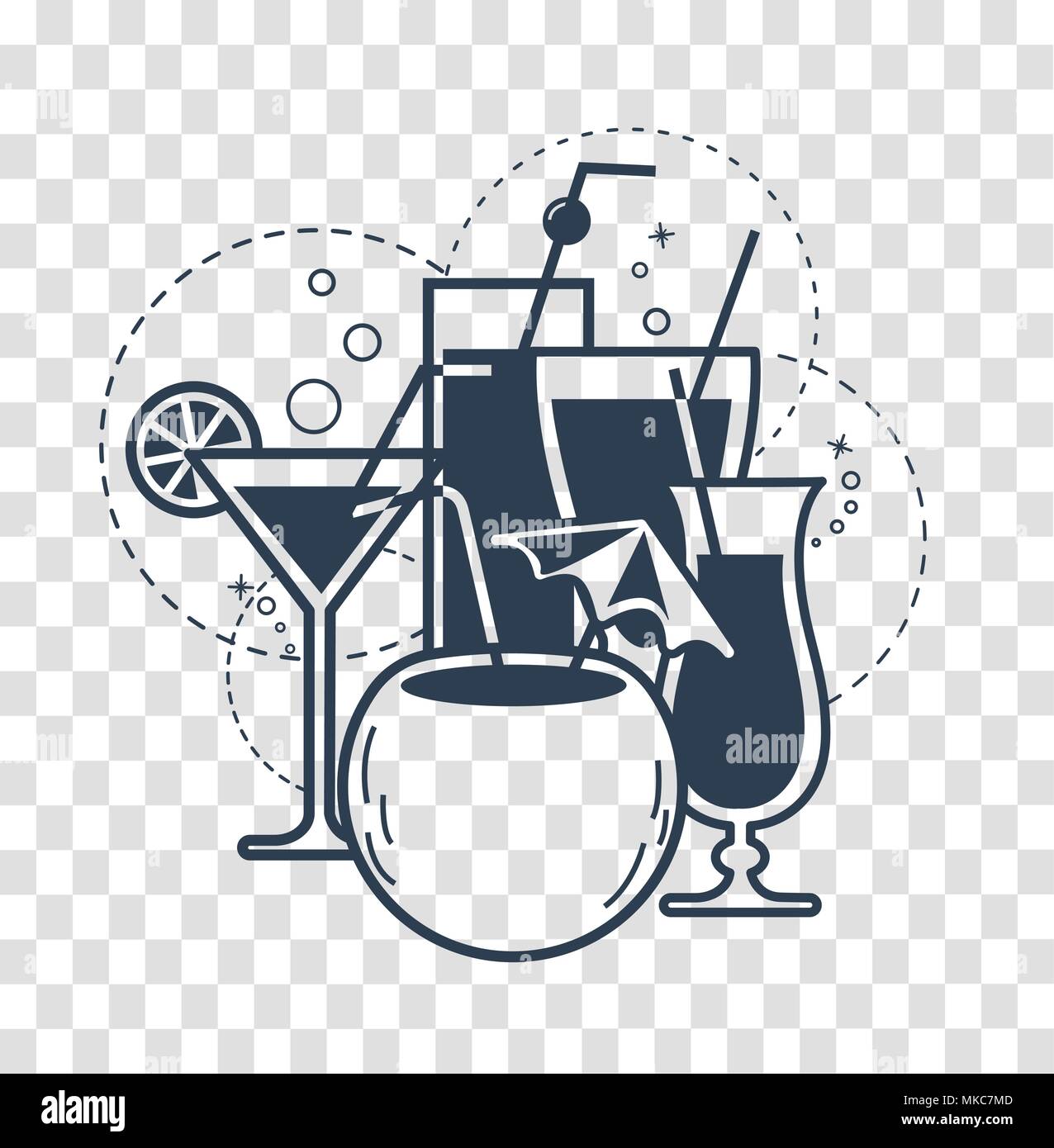 silhouette of cocktail drinks with a drinking stick . Icon in linear