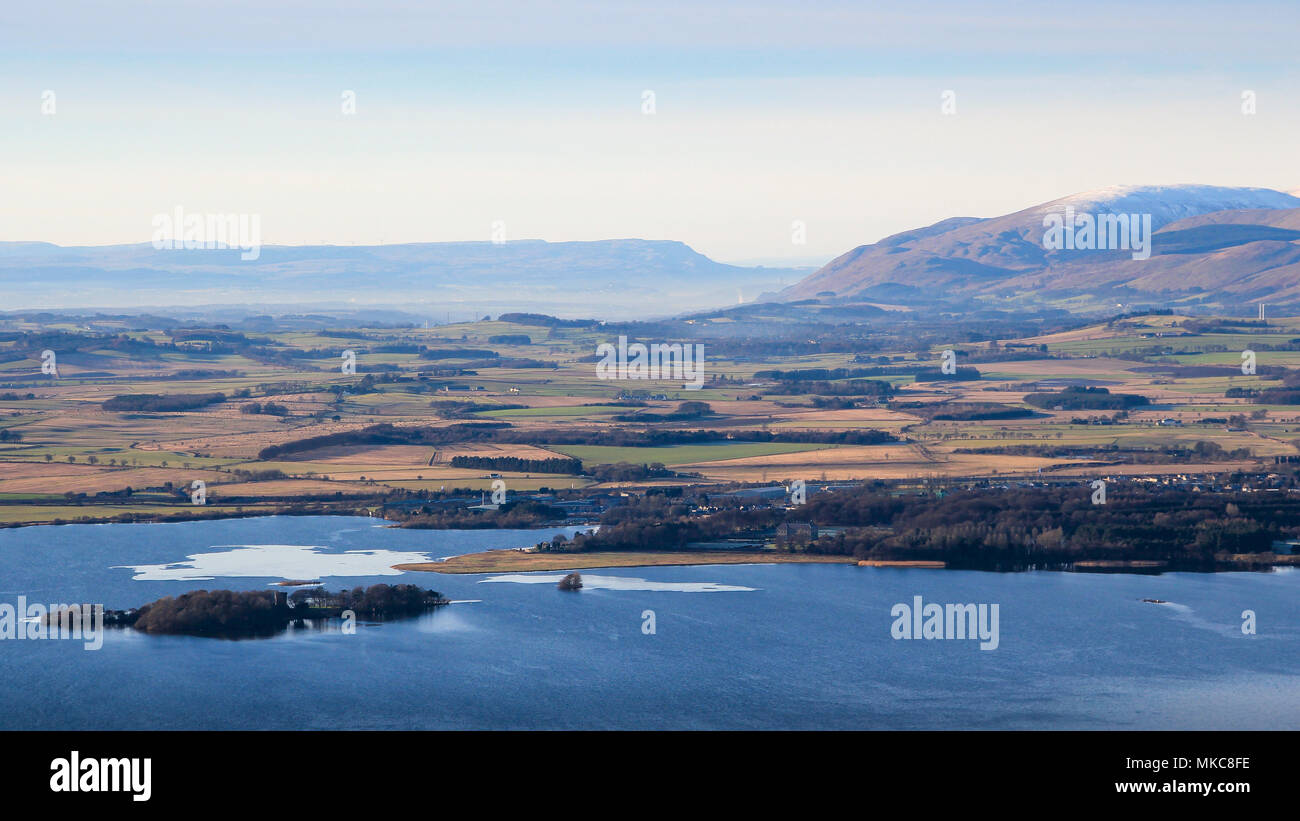 View West from the Lomond Hills towards Kinross, Loch Leven, and distant Ochil hills, Fife, Scotland Stock Photo