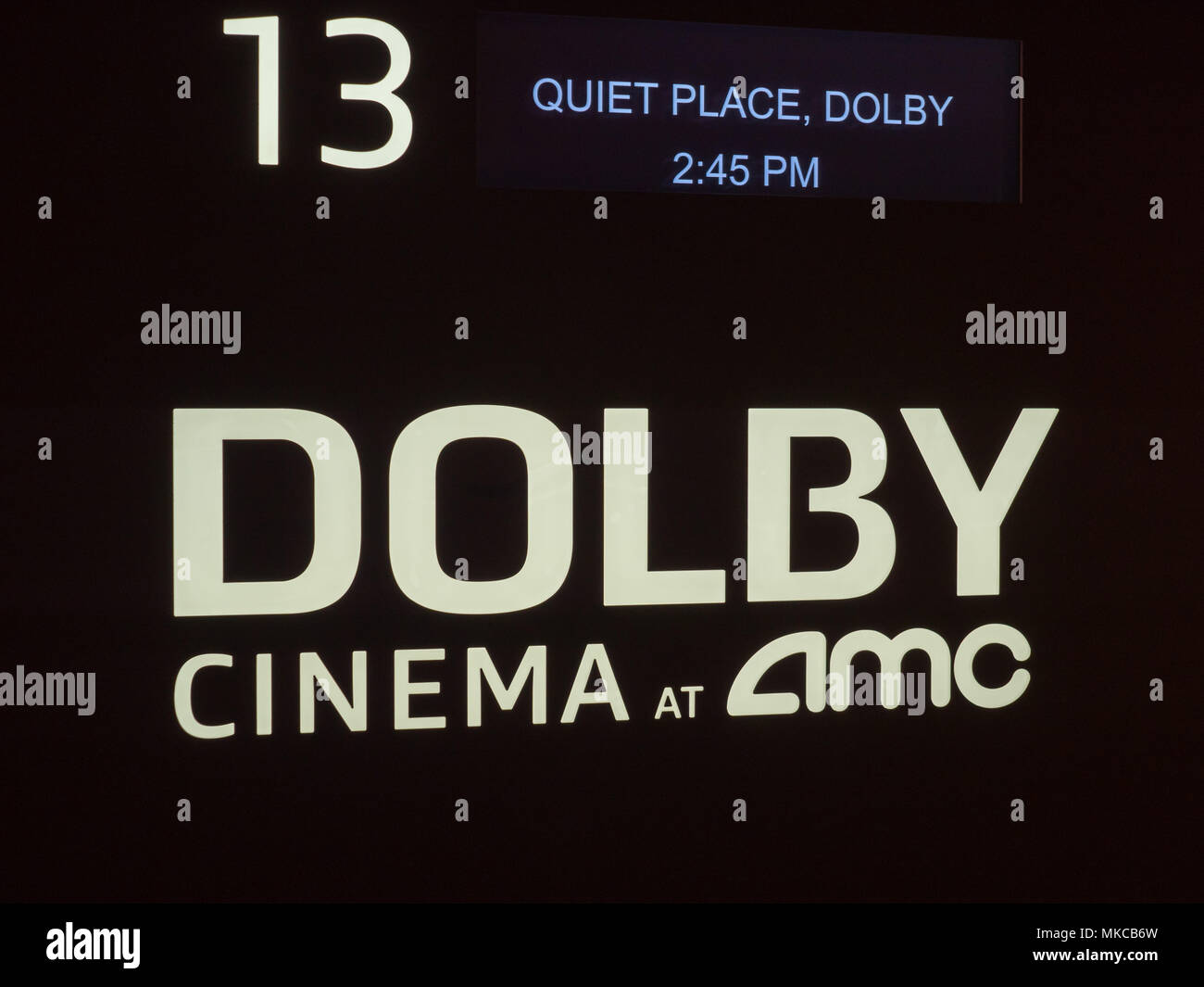 SAN FRANCISCO, CA – APRIL 21, 2018: Dolby Cinema at AMC certification logo outside of a movie theater entrance Stock Photo