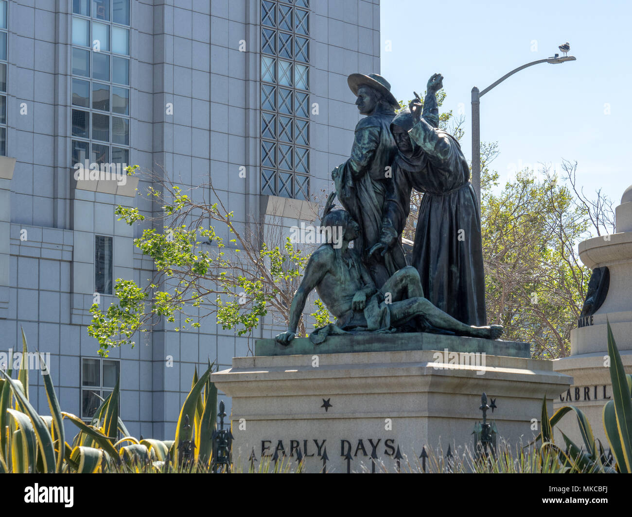 SAN FRANCISCO, CA – APRIL 22, 2018: Controversial “Early Days” statue in Civic Center area of San Francisco. The statue depicts a Catholic missionary  Stock Photo