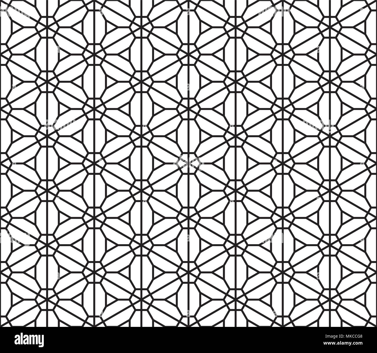 Seamless geometric pattern Kumiko.Black and white silhouette lines with ...