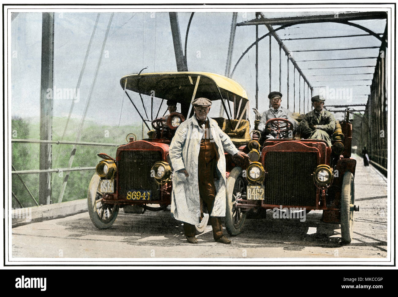 Edison and his assistants leaving Washington for North Carolina to investigate cobalt, 1906. Hand-colored halftone of a photograph Stock Photo