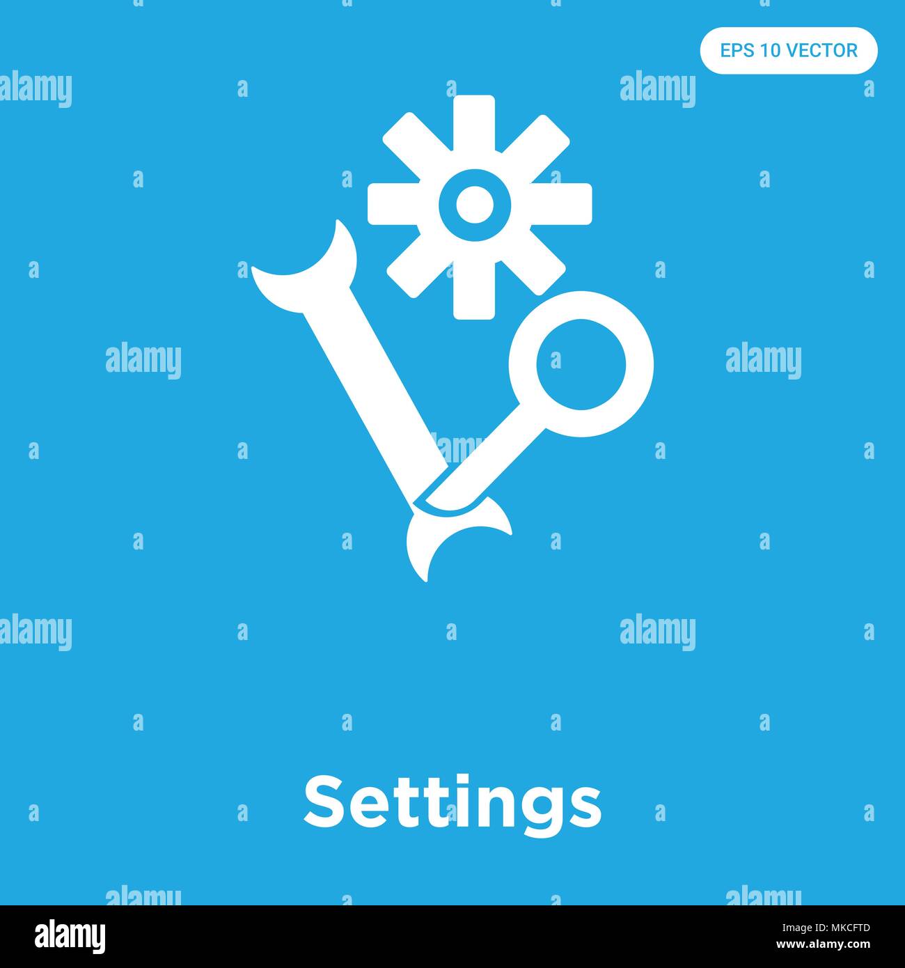 Settings vector icon isolated on blue background, sign and symbol Stock ...