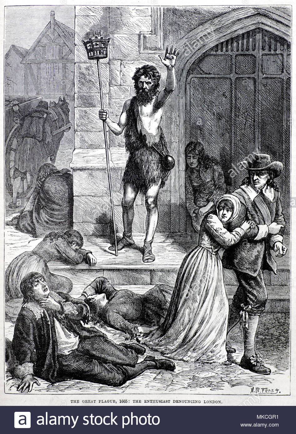 The Great Plague of London 1665, the Enthusiast denouncing London, antique illustration from circa 1880