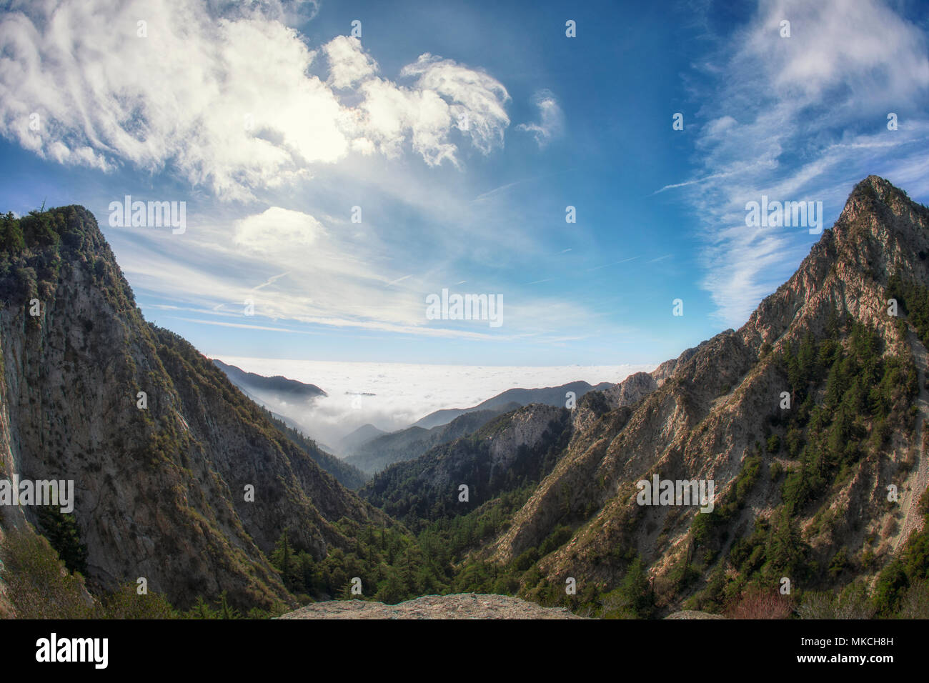 The breathtaking view of Mt. Markham and Mt. Wilson summits from Eaton Saddle Trailhead in Los Angeles National Forest Park, San Gabriel Mountains, California. Stock Photo