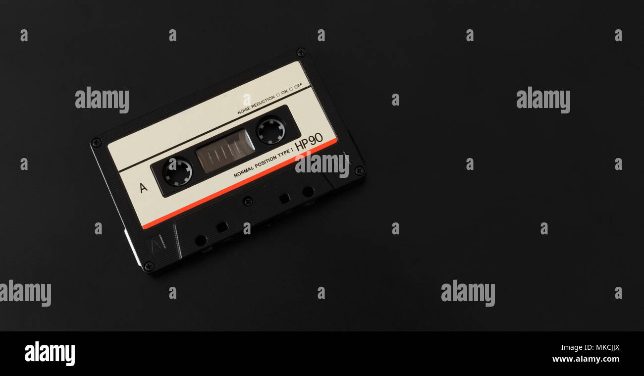 vintage cassette tape on black background. Top view Stock Photo