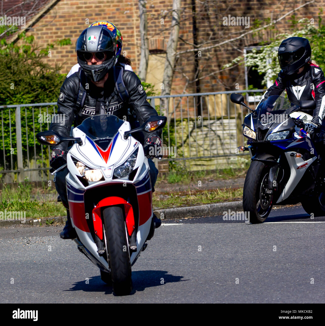 Riders from all across the UK take part in the annual London to Hastings 1066 motorbike run. All images here were captured as they reach Robertsbridge Stock Photo