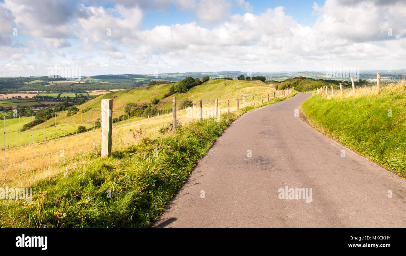 A single-track country lane runs along the ridge of Bulbarrow Hill in the rolling agricultural landscape of England's Dorset Downs. Stock Photo