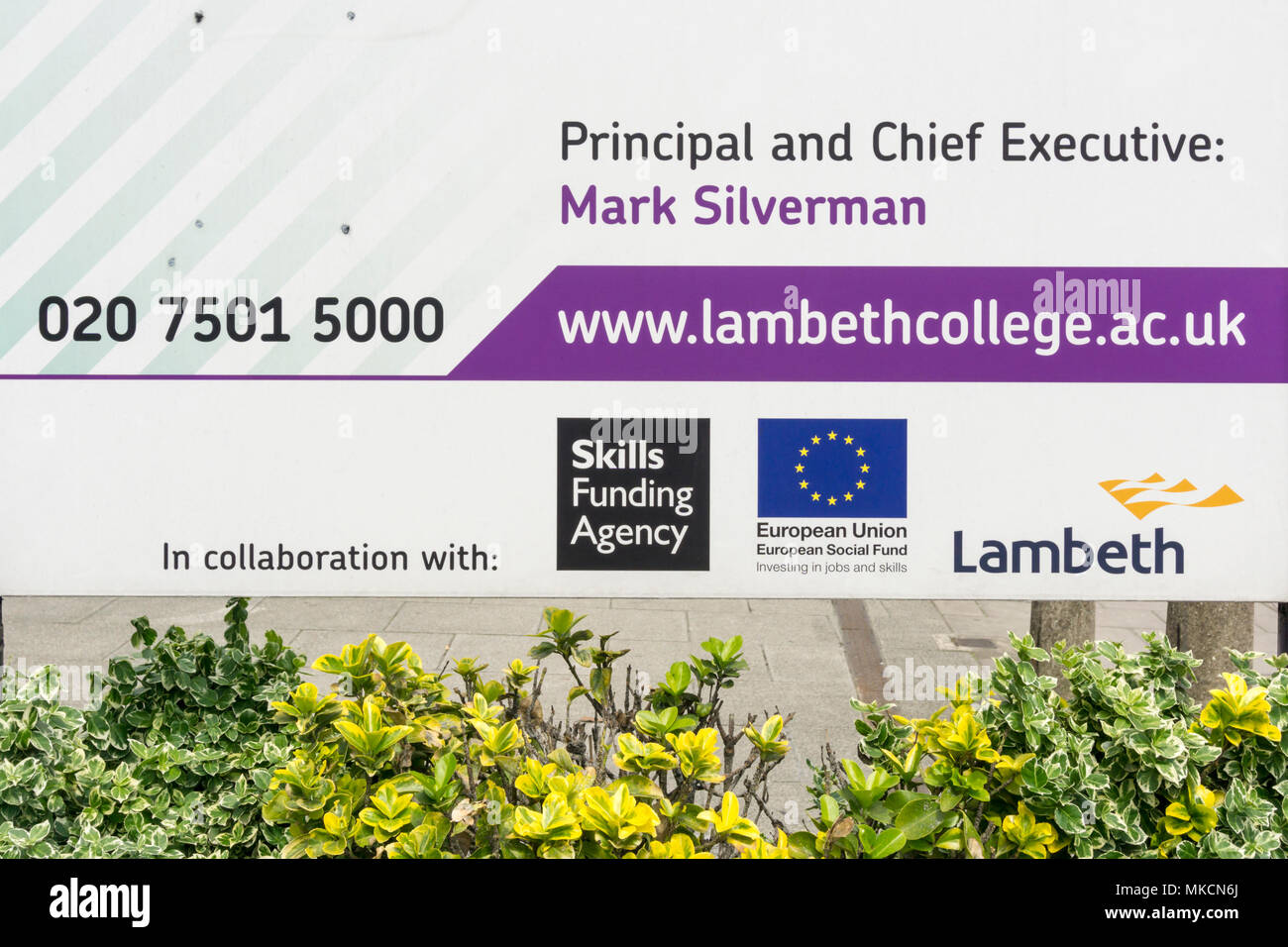 European Social Fund symbol on sign for Lambeth College recognises EU investment. Stock Photo