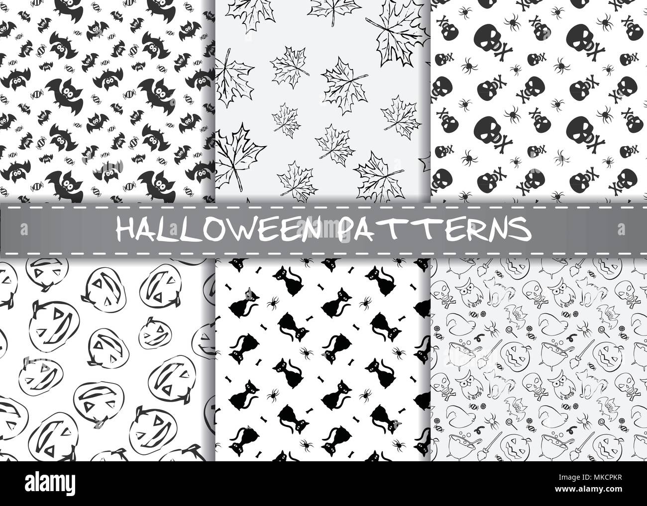 Set of halloween vector patterns. Endless monochrome halloween textures ...