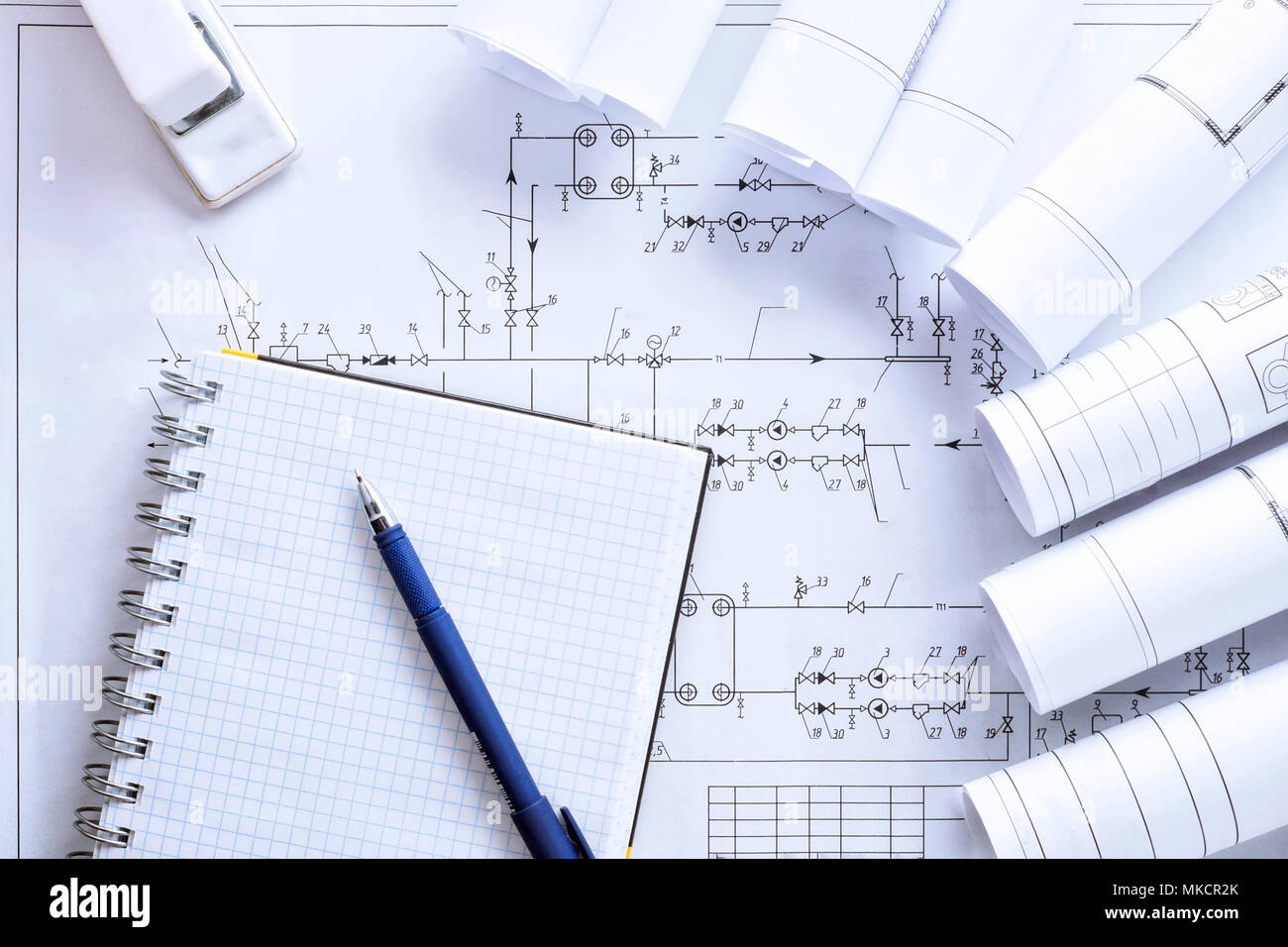 Workplace with blueprint of engineer designer Project notepad with copy ...