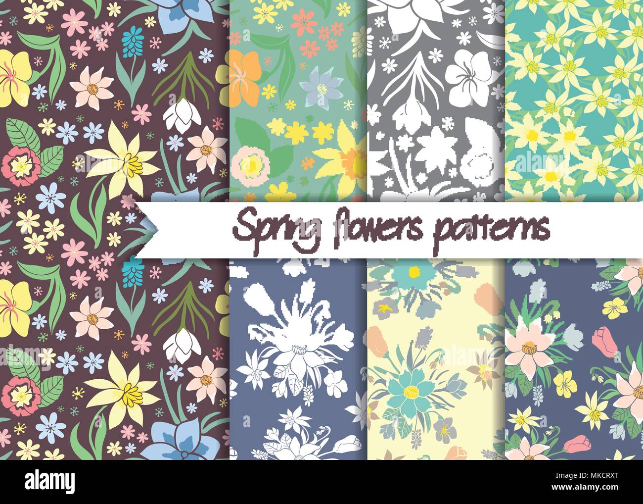 Spring flowers patterns. Set of seamless colorful vector patterns.Floral patterns. Floral seamless vector patterns. Vector floral backgrounds. Set of  Stock Vector