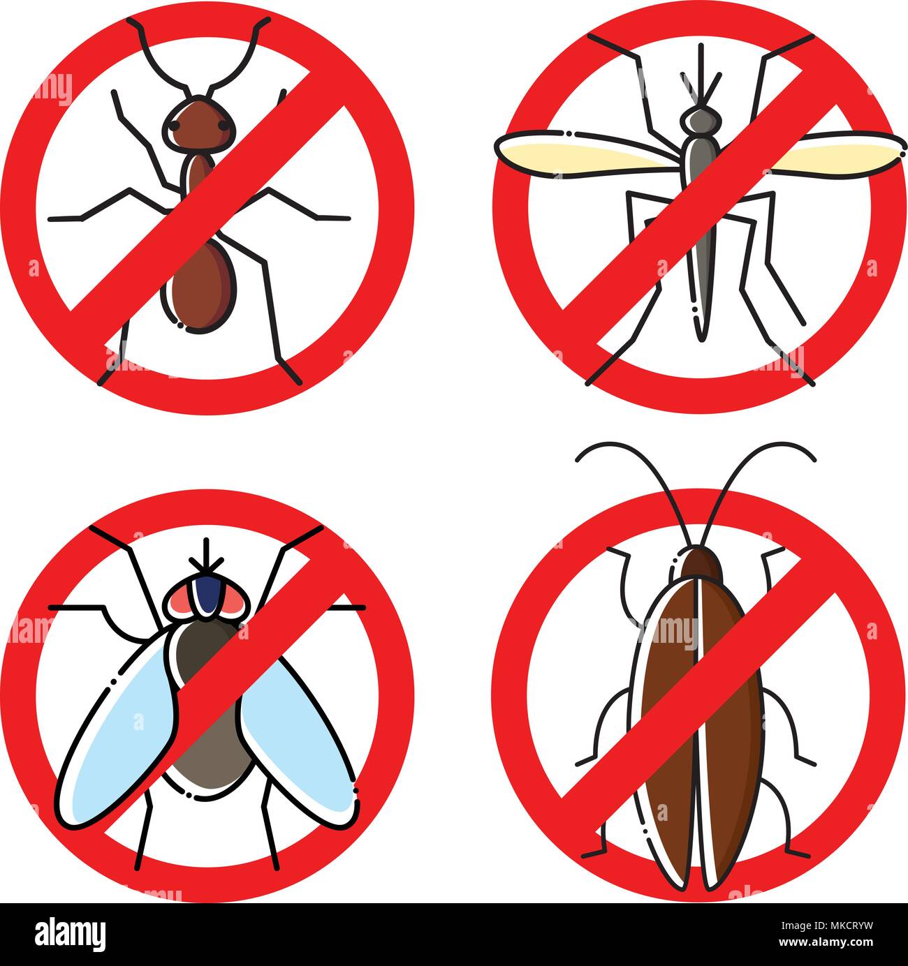 No insects flat icons set. Insecticide symbols. Stock Vector
