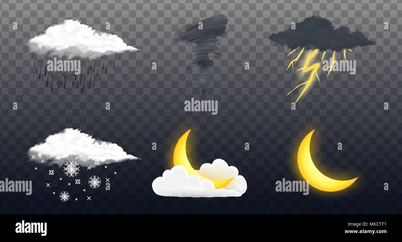 Modern Realistic weather icons set. Meteorology symbols on transparent  background. Color Vector illustration for mobile app, print or web.  Thunderstorm and rain, clear and cloudy, storm and snow Stock Vector Image &