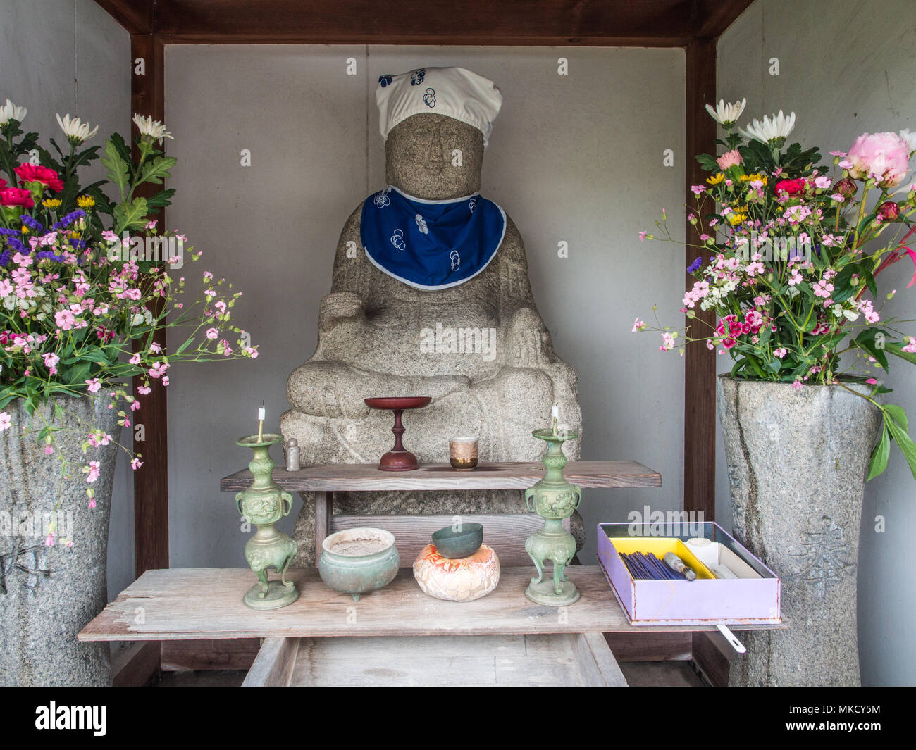 Statue of Jizo Bosatsu at roadside buddhist shrine near Kozonji. Kagawa