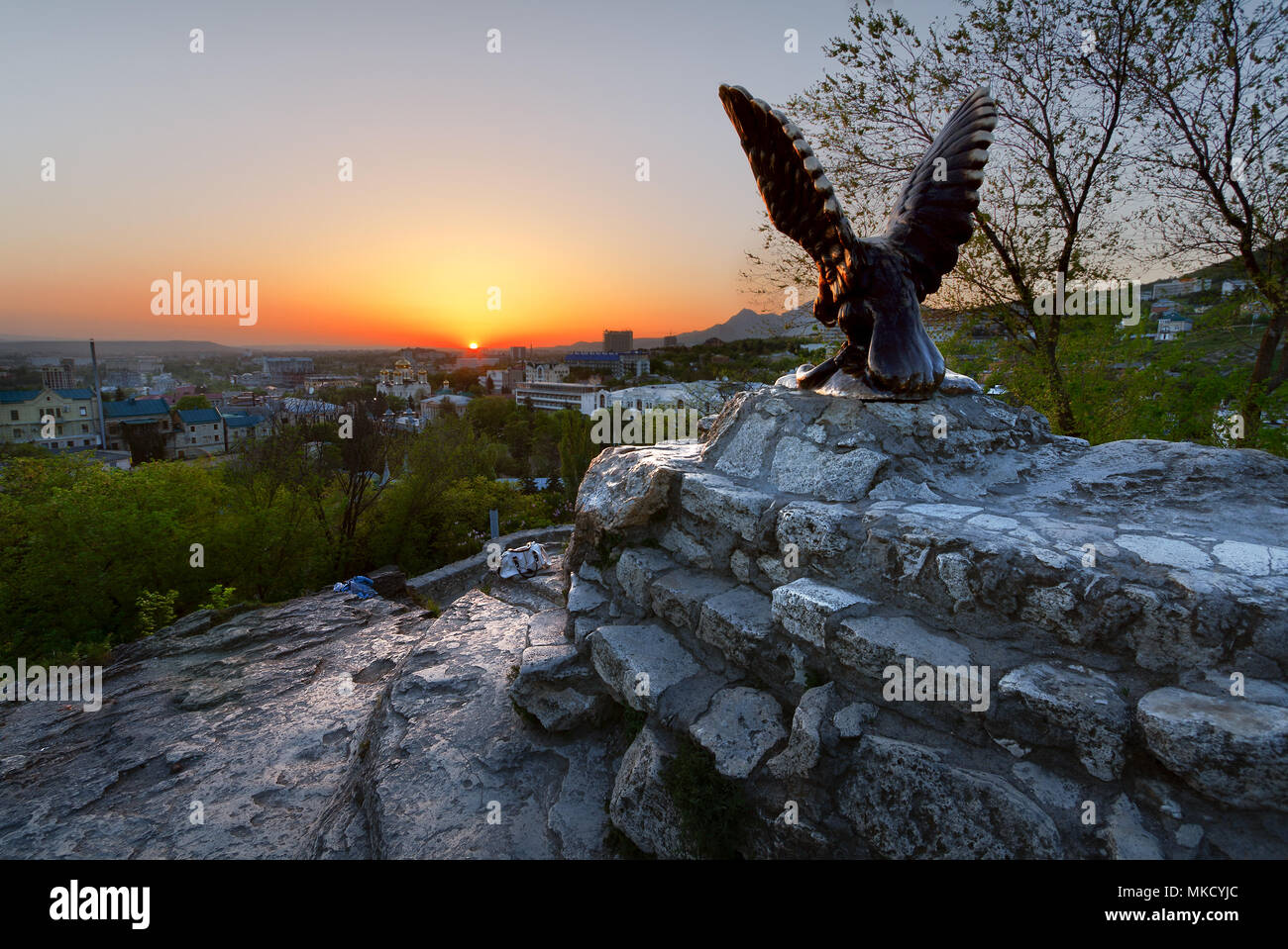 A monument for The Eagle, symbol of the city of Pyatifors, overseeing the city and Tsvetnik Park, Pyatigorsk, Russia Stock Photo