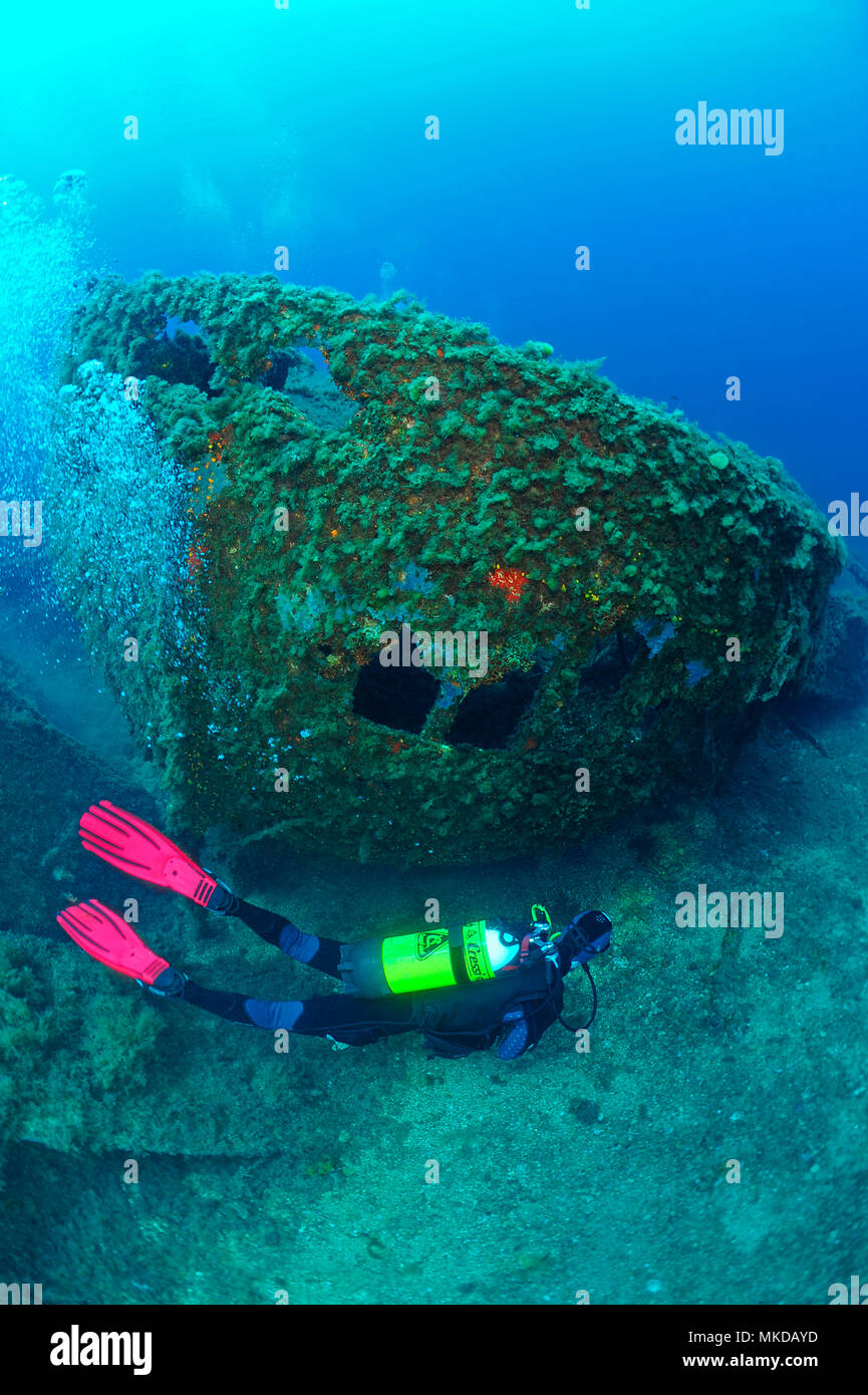 Diver and Boat Wreck, Antheors Peniches Dive Site, Cote d'Azur, France Stock Photo