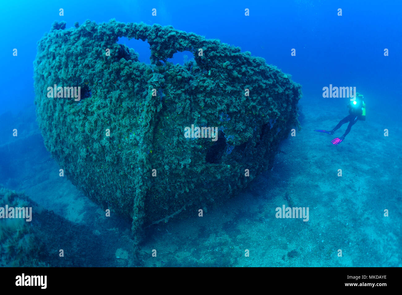Diver and Boat Wreck, Antheors Peniches Dive Site, Cote d'Azur, France Stock Photo