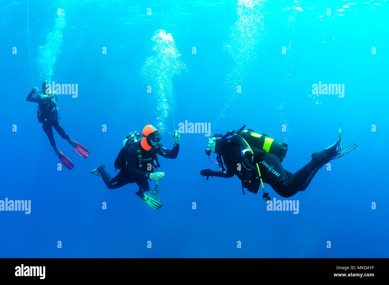Divers performing his decompression stop, Antheors Peniches dive site, Cote d'Azur, France Stock Photo