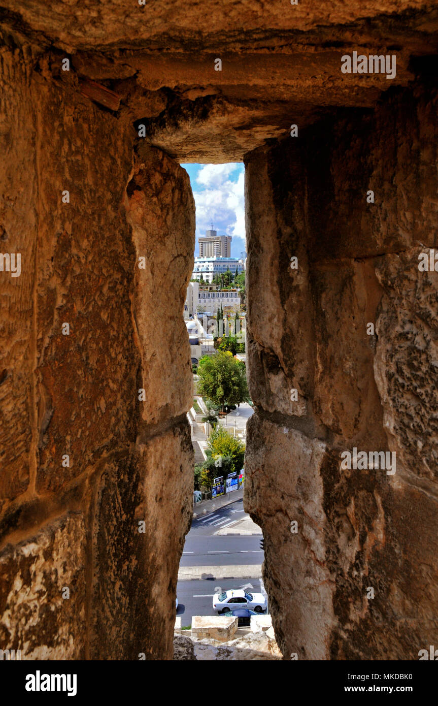 Jerusalem throw embrasure in the wall of David City, capital of Israel, Asia, Middle East Stock Photo
