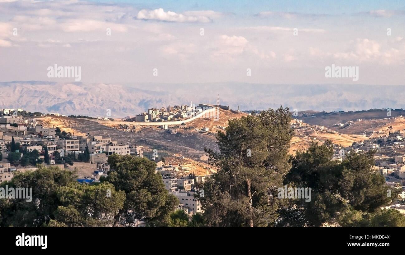 Landscape panorama from wall of Old City, Jerusalem, capital of Israel