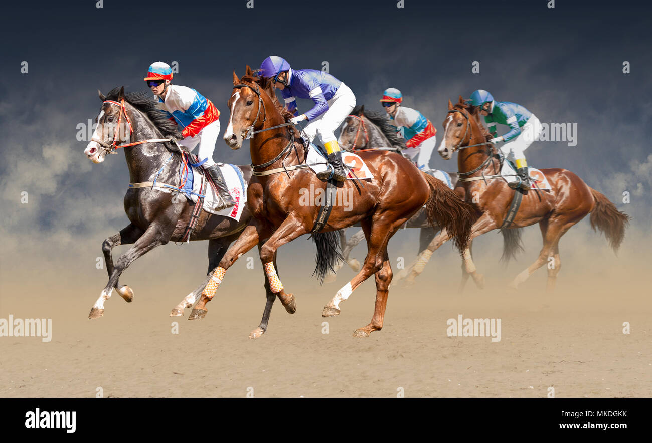 Four racing horses neck to neck in fierce competition for the finish line Stock Photo