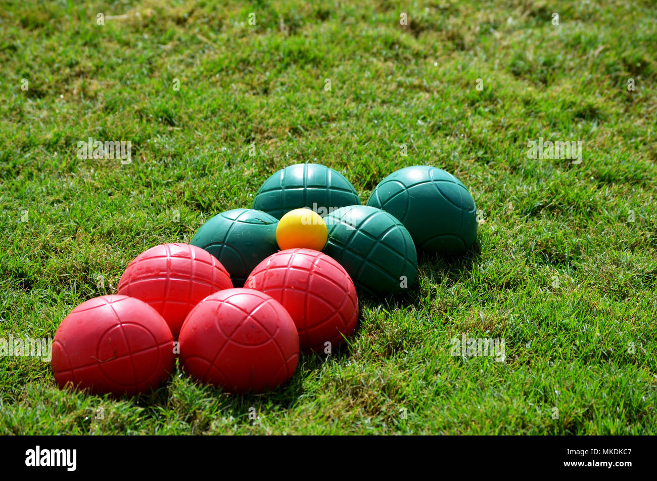 Boules bocce game balls on grass Stock Photo Alamy
