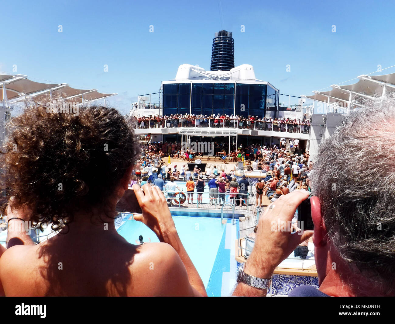 Crowded cruise boat. Celebration of crossing the equator. Stock Photo