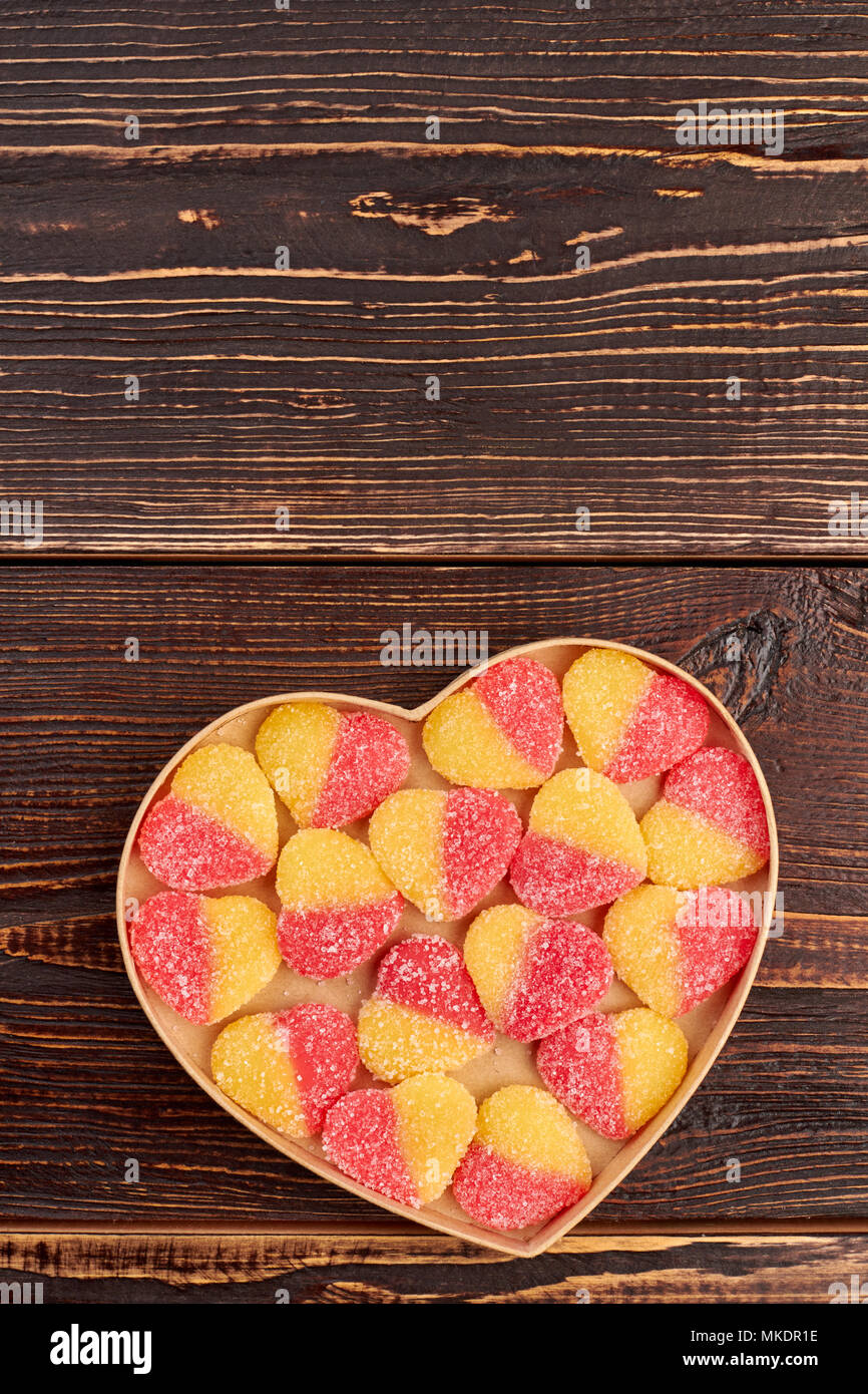 Valentines Day Background With Colorful Candies Jelly Candies Covered With Sugar Crystals In Heart Shaped Box Copy Space Stock Photo Alamy