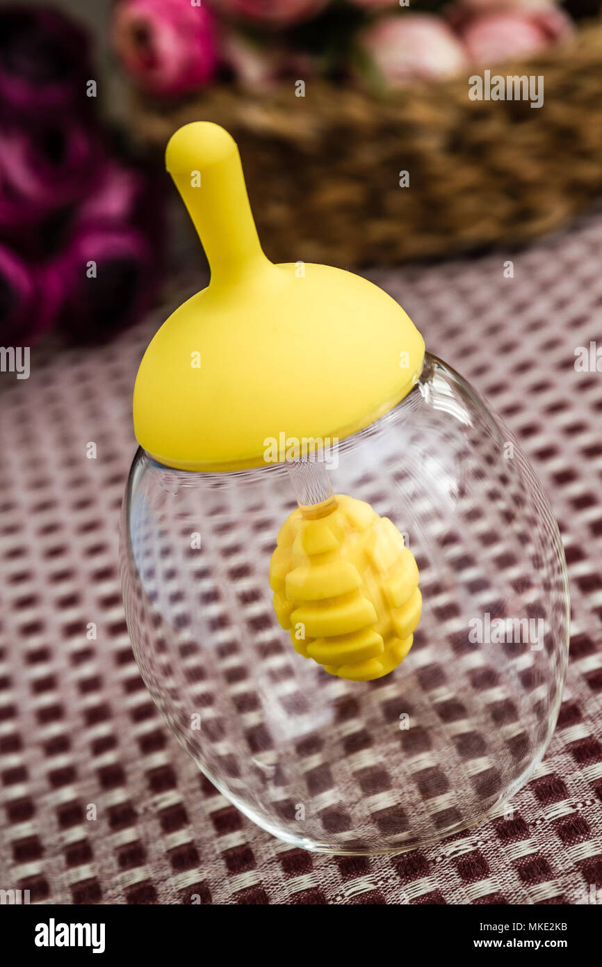 Download Empty Glass Honey Jar With Yellow Cap On Fabric Tablecloth Stock Photo Alamy PSD Mockup Templates