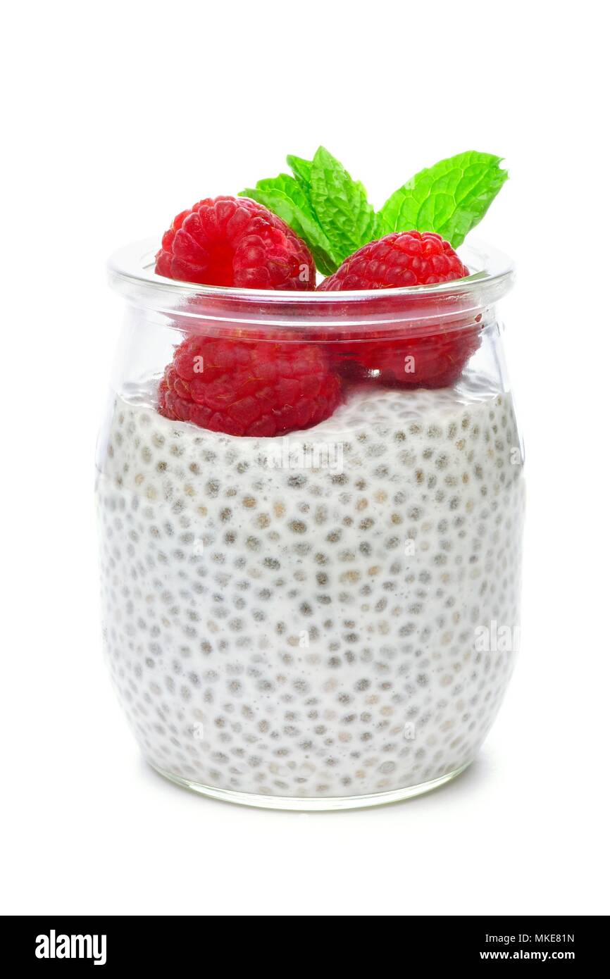 Chia pudding with berries in glass jar sketch Vector Image