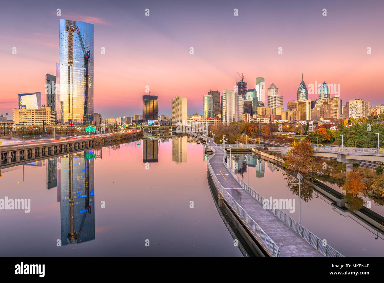 Philadelphia, Pennsylvania, USA downtown city skyline on the Schuylkill River at twilight. Stock Photo
